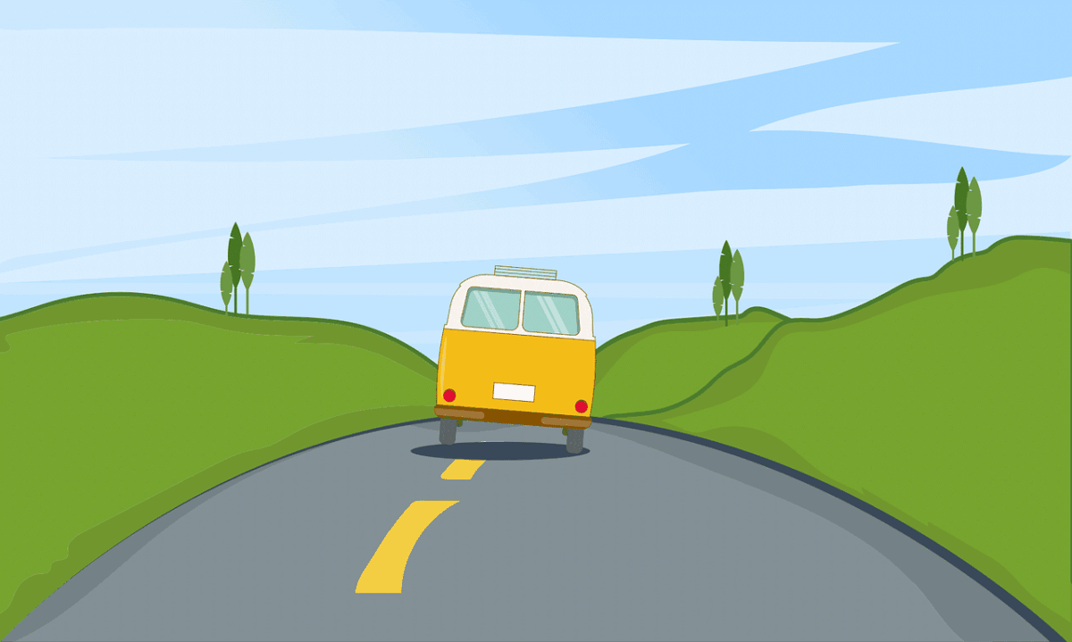 A van traveling down a two lane road, between green hills and heading into a blue sky horizon.