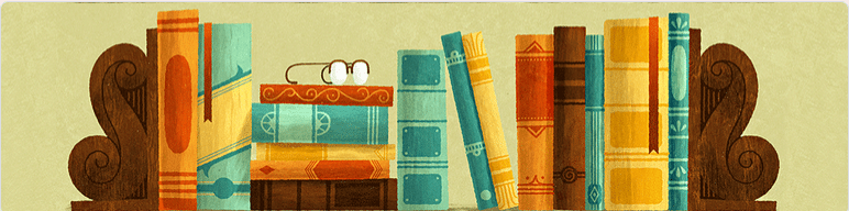 A set of books between bookends, with a pair of reading glasses on top.