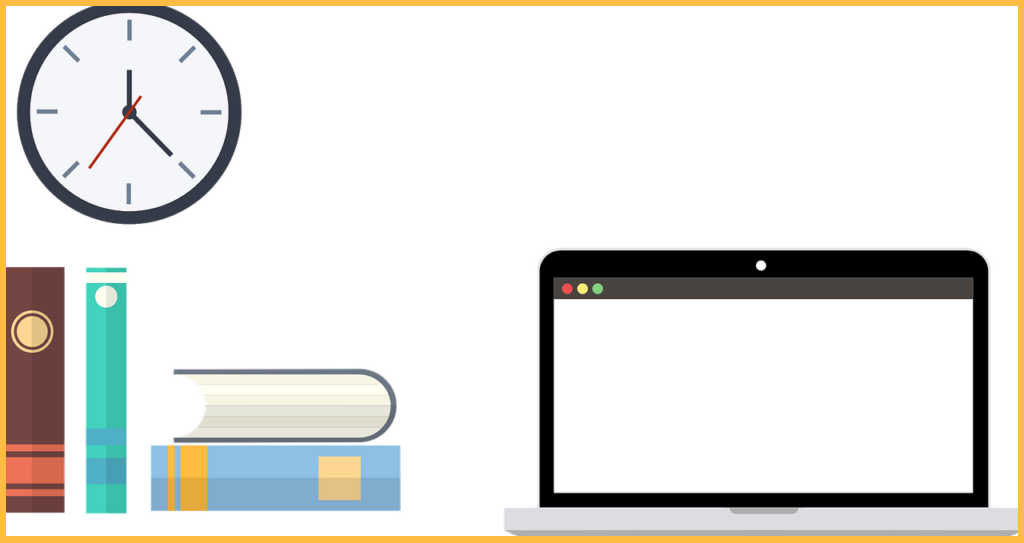 A laptop next to a stack of books, and an analog clock on the wall