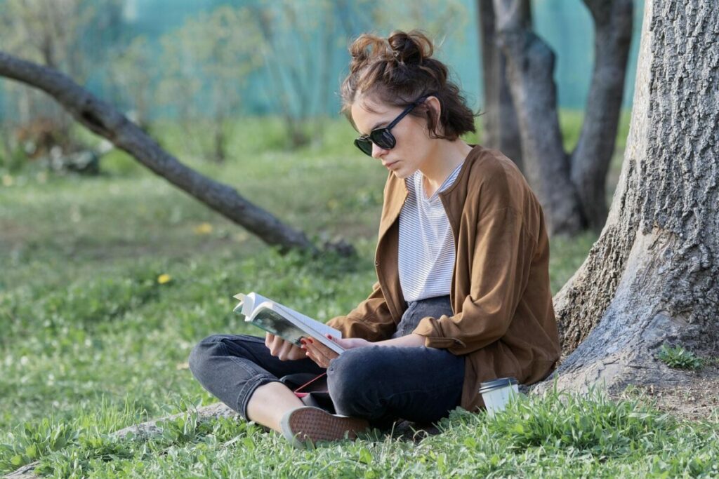 girl, book, nature, sunglasses, casual, reading, sitting, root tree, grass, park, relaxation, spring, lifestyle, book, reading, reading, reading, reading, reading, park, lifestyle