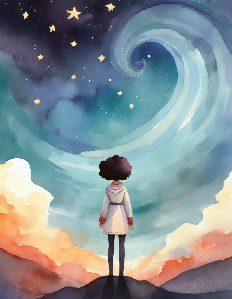 ai generated, girl, stars, galaxy, character, whimsical, exploration, inspiration, journey, cartoon, painting, watercolor, night, magic, fantasy, woman, storytime, magical, children's book, book cover, cover art, journey, storytime, storytime, storytime, storytime, storytime, book cover, cover art