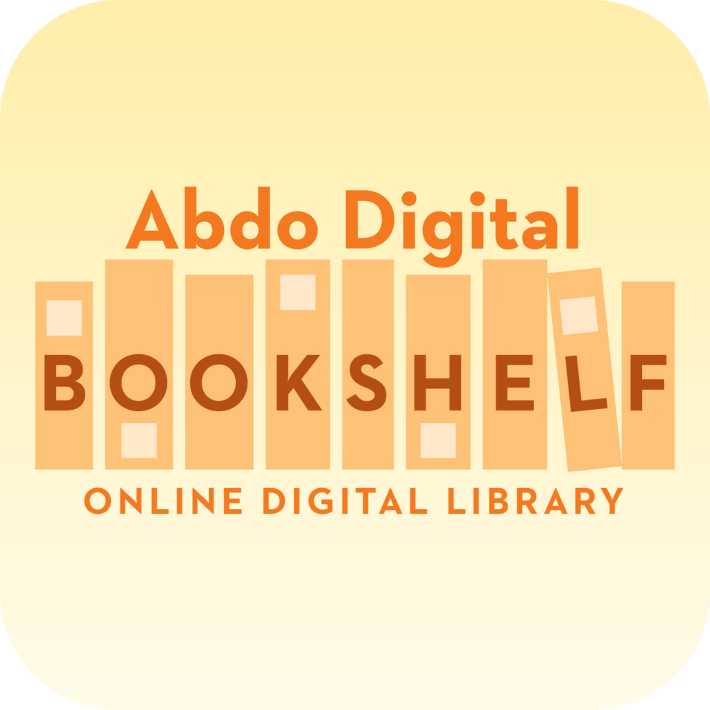 Abdo Digital Bookshelf, Online Digital Library, on a row of book spines.