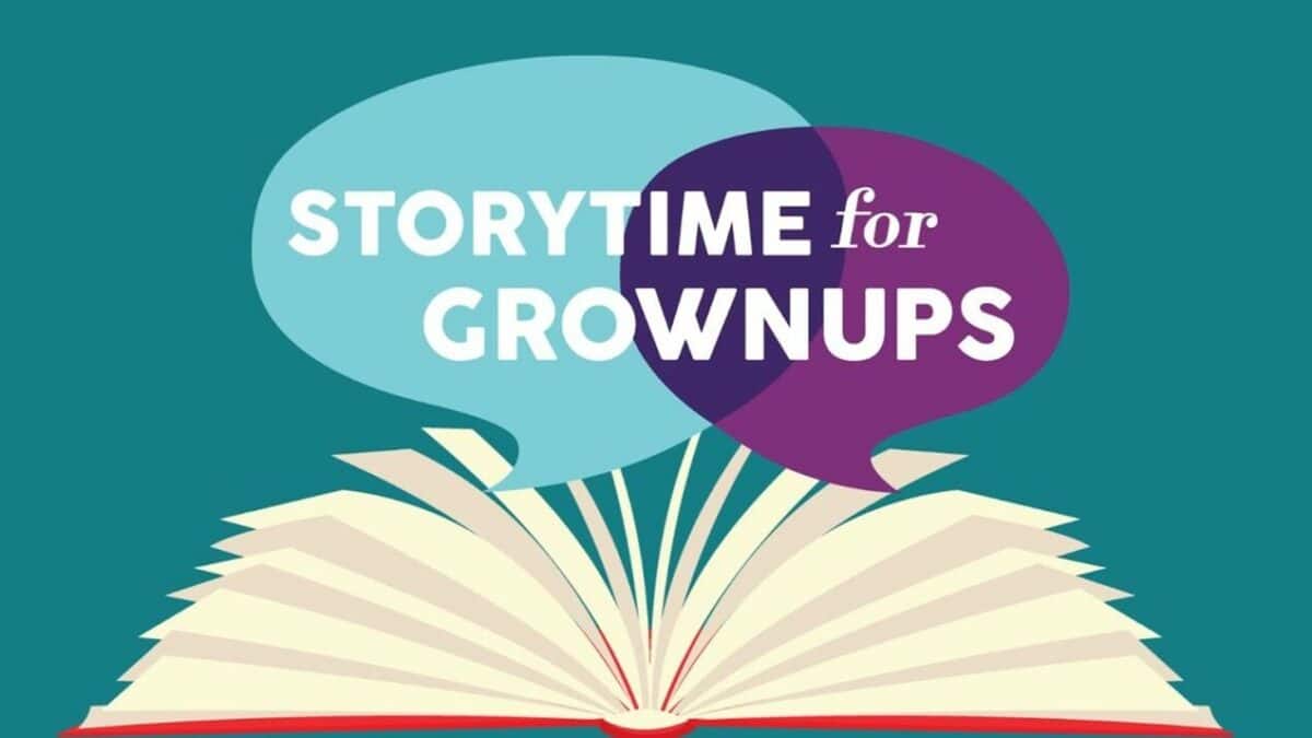 Logo for storytime for grownup featuring an open book with blue and purple talking bubbles.