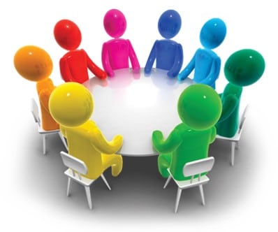 A rainbow group of stick figures at a table