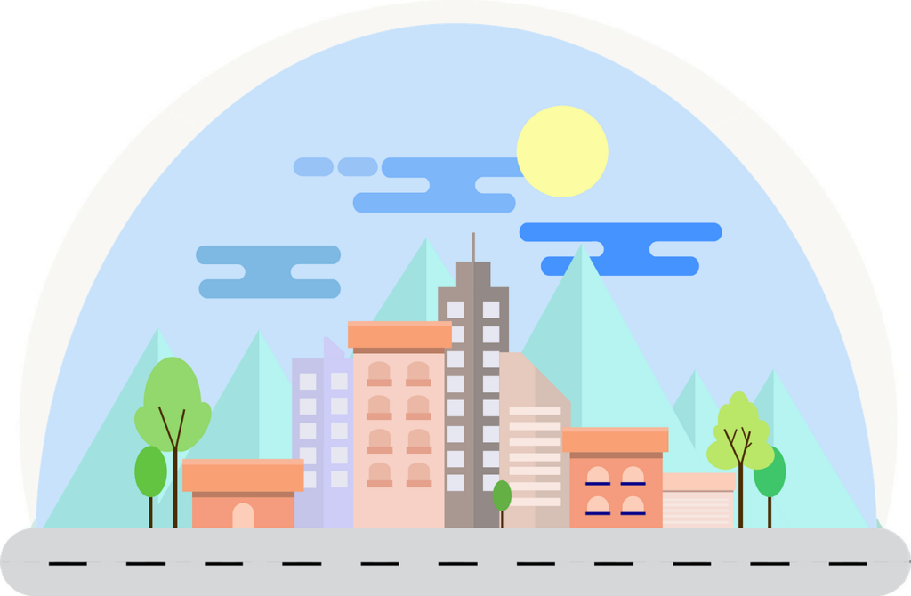 city buildings with green trees, blue sky, sun, and asphalt road in front of buildings.