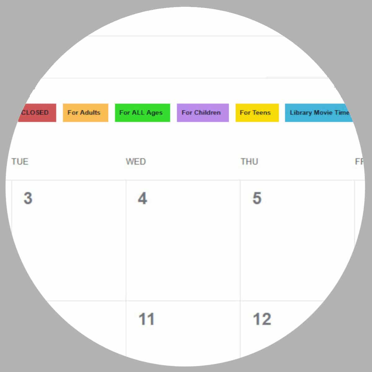 Monthly events calendar with color coded categories at the top