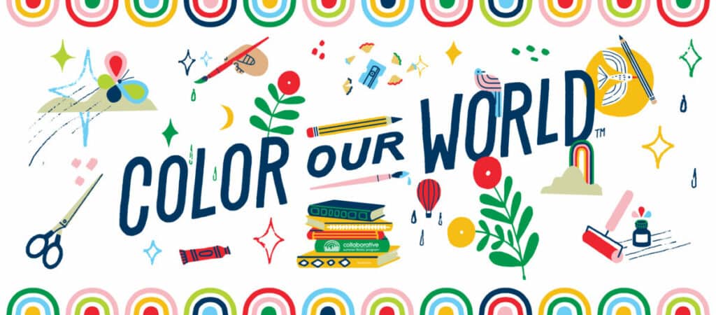 "Color Our World" with a variety of colorful artistic images like scissors, a hand painting, ink art and more.