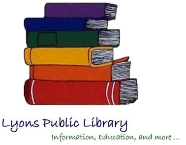 A rainbow stack of books followed by Lyons Public Library information, education, and more
