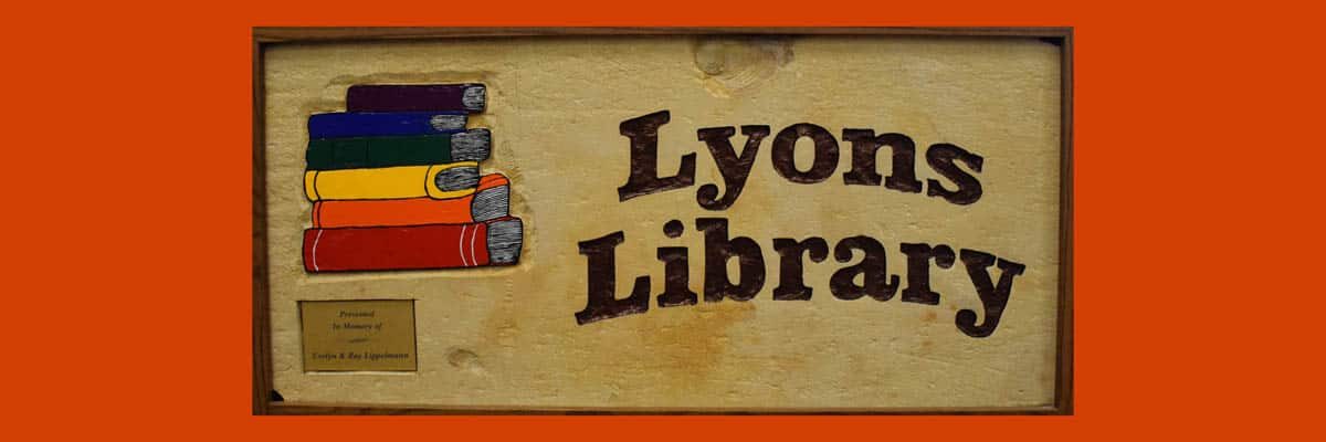 Stone banner with "Lyons Library" and a stack of books.