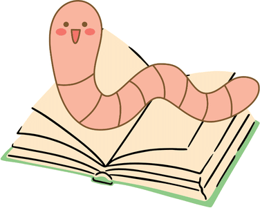 A worm is setting on top of an open book.