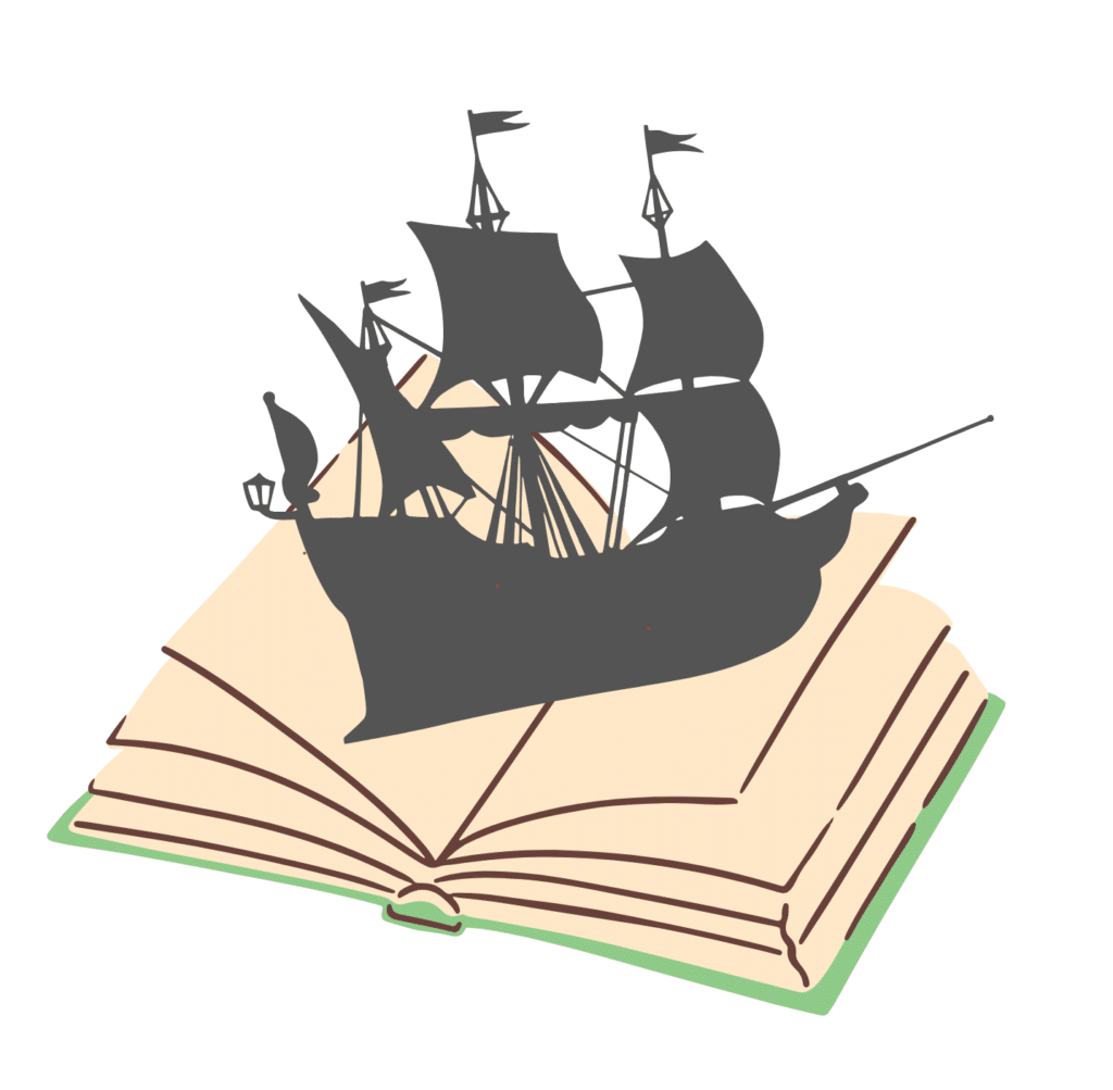A ship is setting on top of an open book.